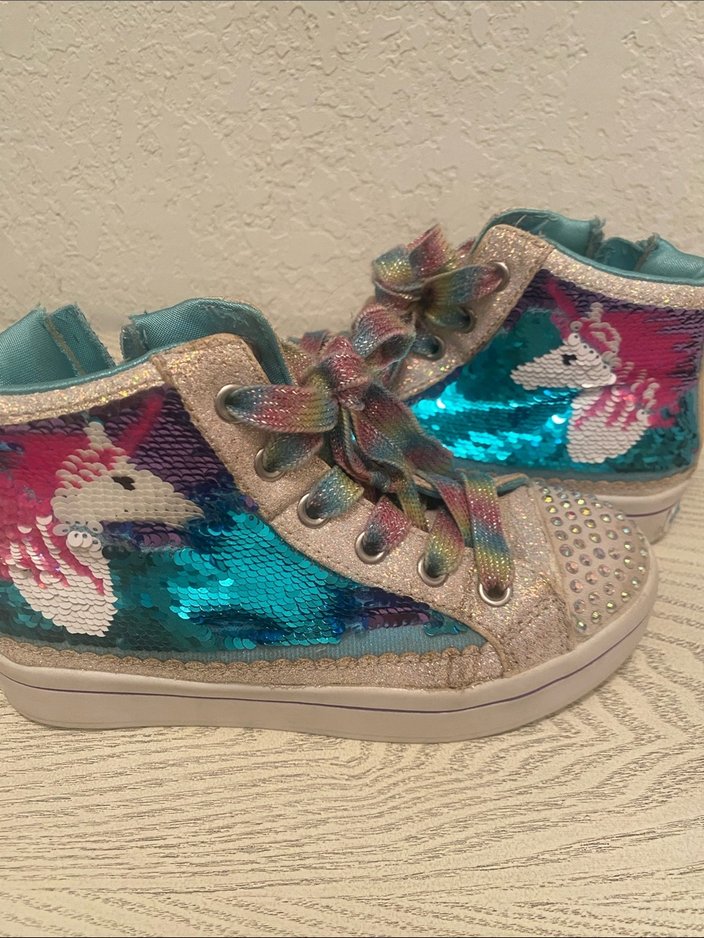 Sparkling Sequin Unicorn High-Top Kids Sneakers - Teal Multicolor